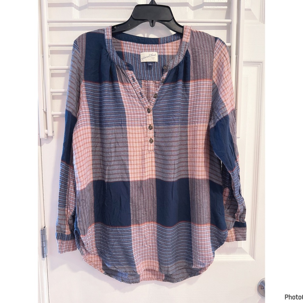 Universal Thread Blue Tan Patchwork Plaid Tunic Top Cottagecore Fall Medium